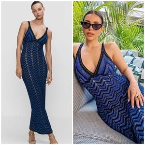 Mango Body Con Chevron Knit Maxi Dress in Blue